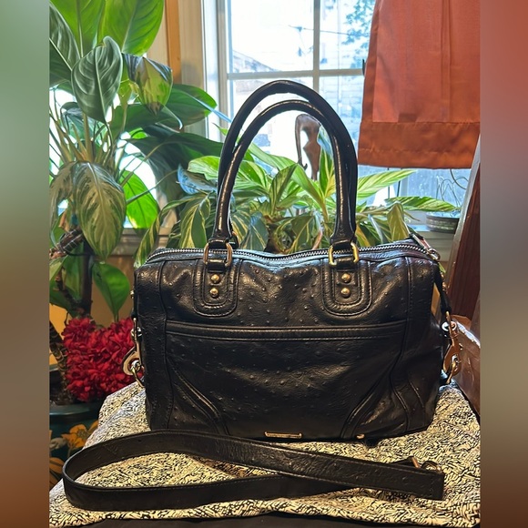 Rebecca Minkoff EUC black leather Ostrich embossed handbag with dust bag. - Picture 3 of 12